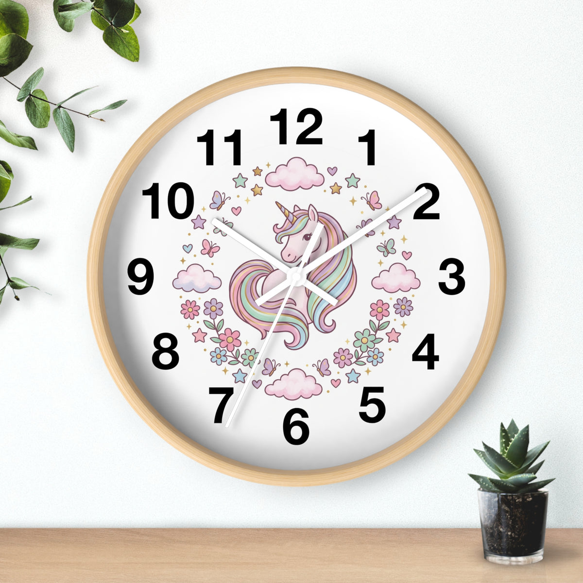 Unicorn Wall Clock — Pastel Rainbow Kids Room Clock with Clouds & Flowers