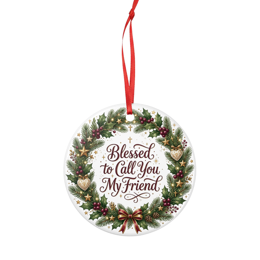 Ceramic Christmas Ornament — Blessed Friend Wreath Holiday Decoration, Double-Sided Matte White