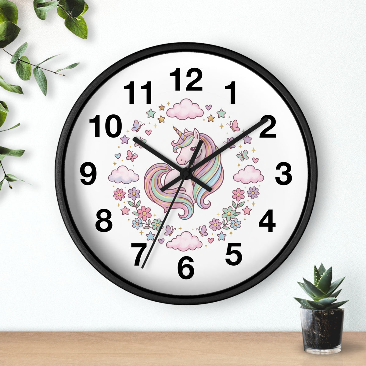Unicorn Wall Clock — Pastel Rainbow Kids Room Clock with Clouds & Flowers