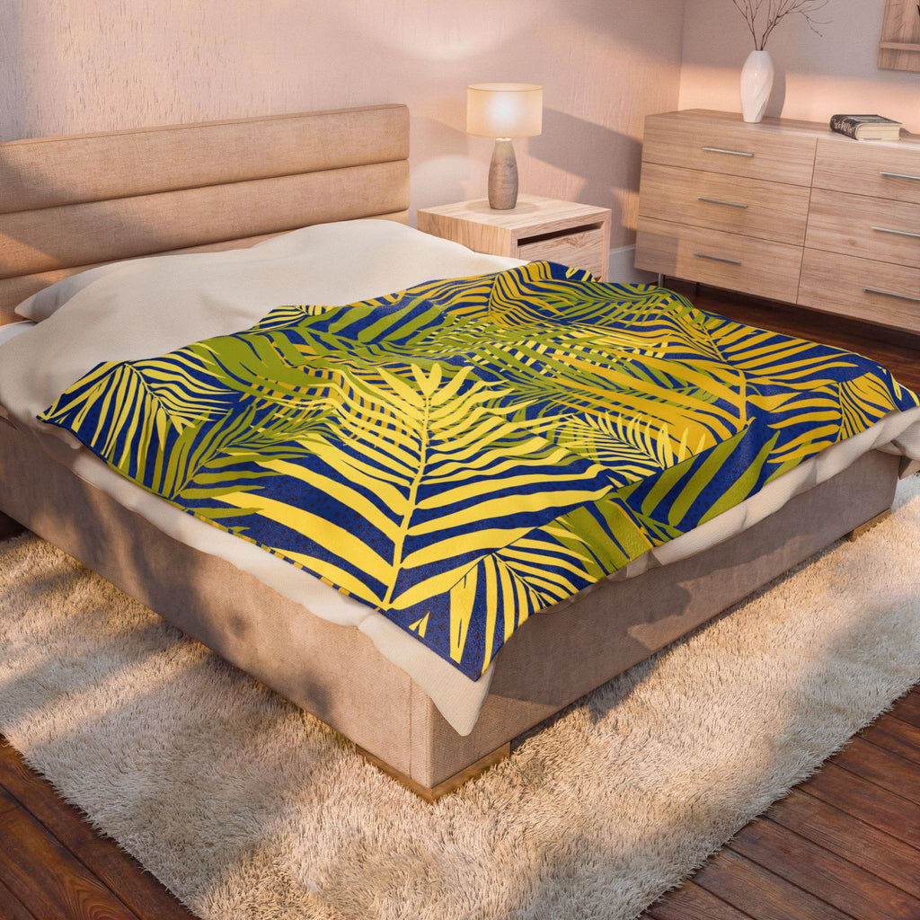 Tropical Palm Velveteen Plush Blanket — Blue & Yellow Leaf Throw