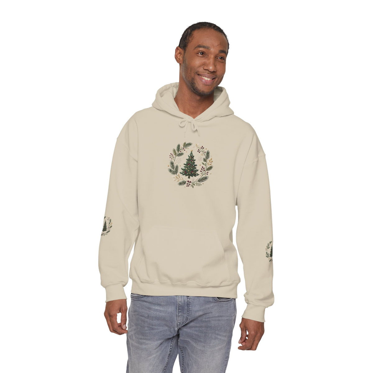 Christmas Tree Wreath Hoodie — Festive Botanical Sweatshirt, 50/50 Cotton-Poly, Unisex