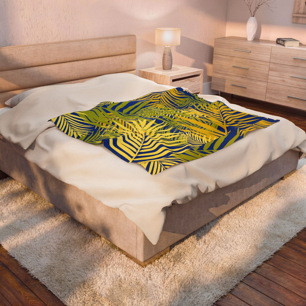 Tropical Palm Velveteen Plush Blanket — Blue & Yellow Leaf Throw