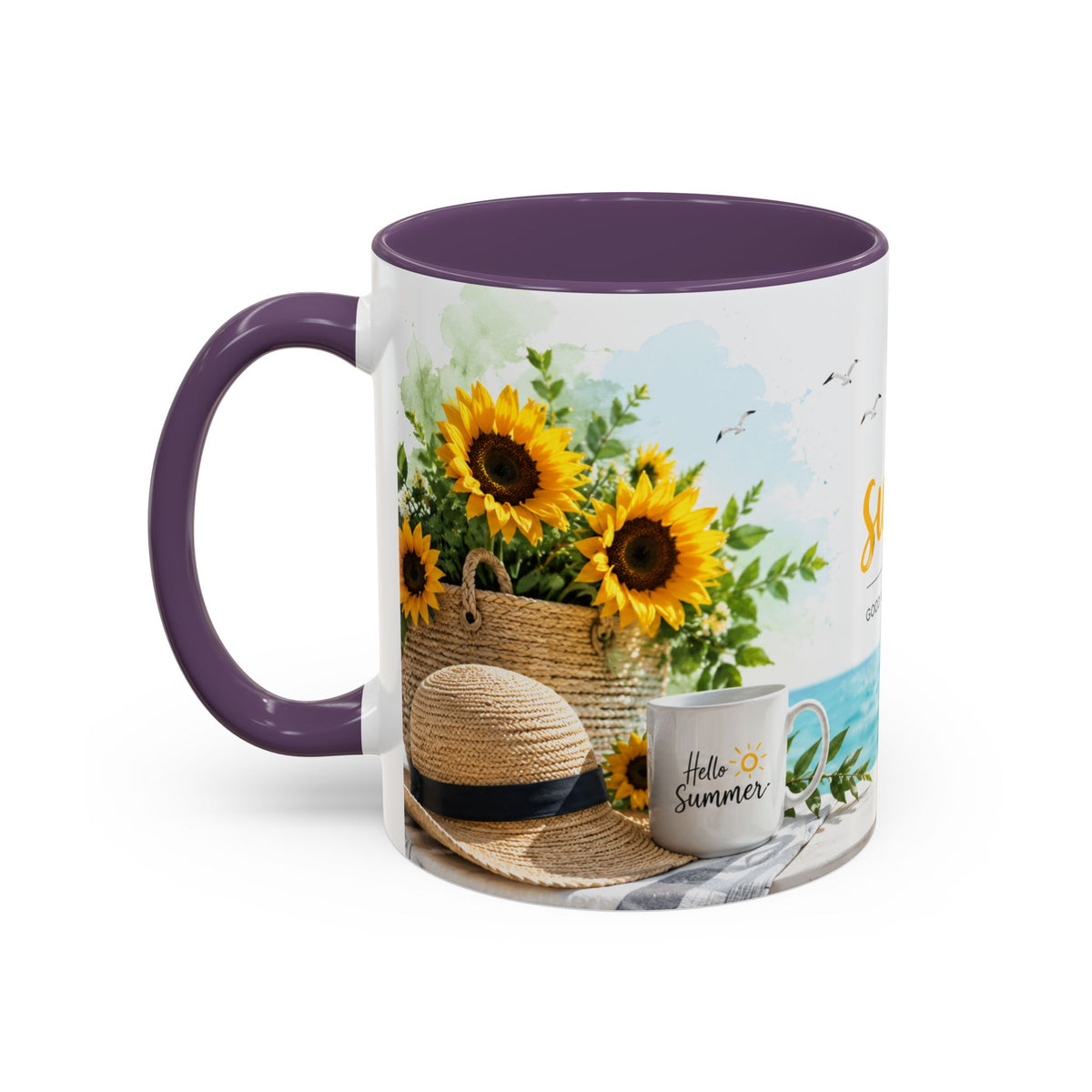 Hello Summer Accent Coffee Mug — Beach Vibes Lemon Palm Coastal Ceramic Mug (11/15oz)