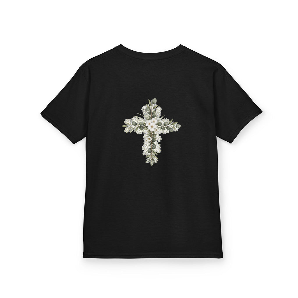 Kids Tee — Floral Cross “Faith” Christian Shirt for Children (Easter, Baptism, Church)