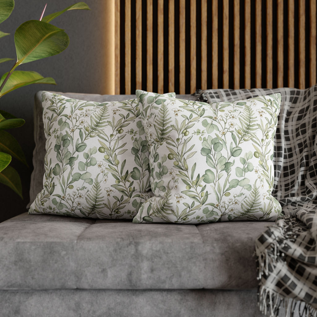 Botanical Greenery Square Pillowcase — Watercolour Eucalyptus & Fern Throw Pillow Cover