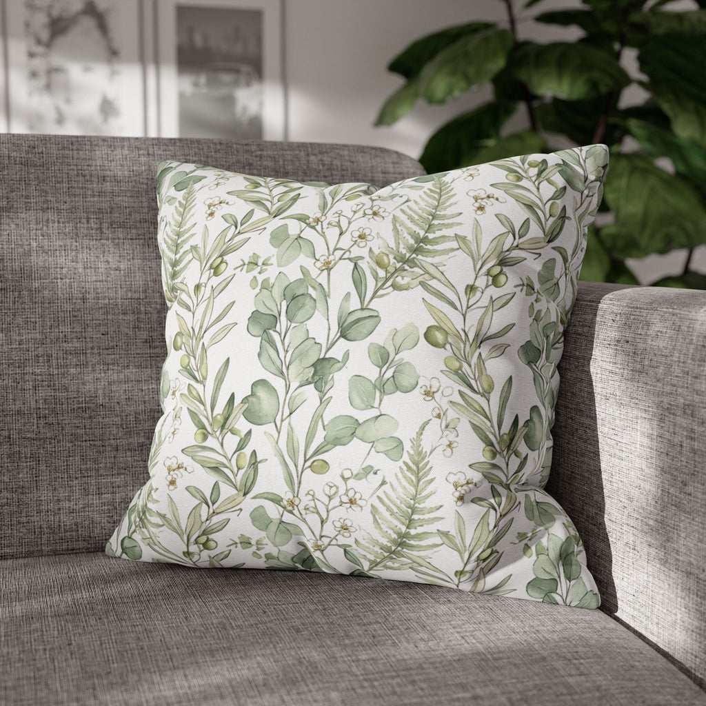 Botanical Greenery Square Pillowcase — Watercolour Eucalyptus & Fern Throw Pillow Cover