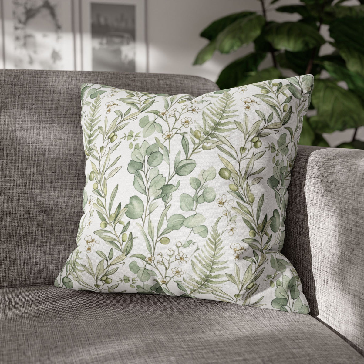 Botanical Greenery Square Pillowcase — Watercolour Eucalyptus & Fern Throw Pillow Cover