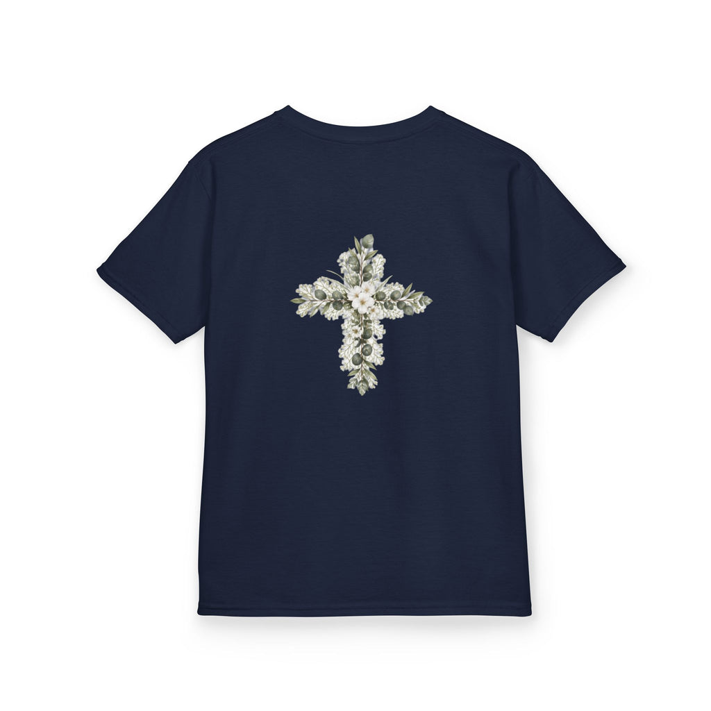 Kids Tee — Floral Cross “Faith” Christian Shirt for Children (Easter, Baptism, Church)