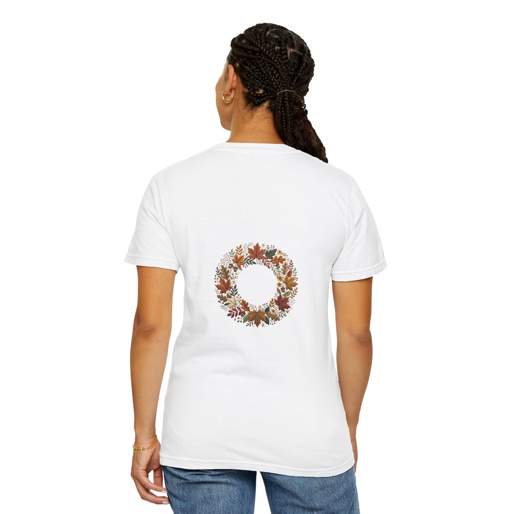 T-Shirt — Autumn Floral Wreath Tee (Fall Leaves Chest & Back Print)