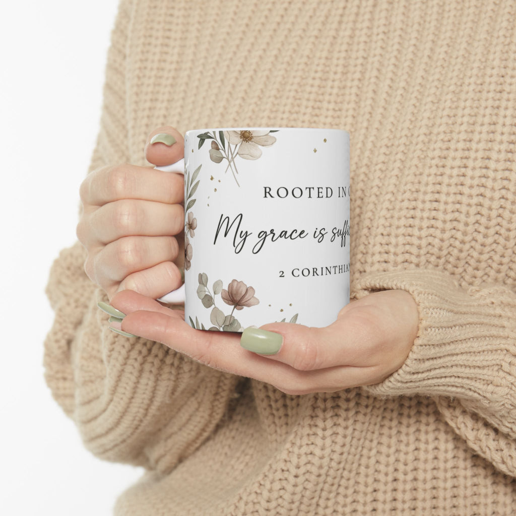 Rooted in Grace Ceramic Mug — 2 Corinthians 12:9 Floral Scripture Coffee Cup