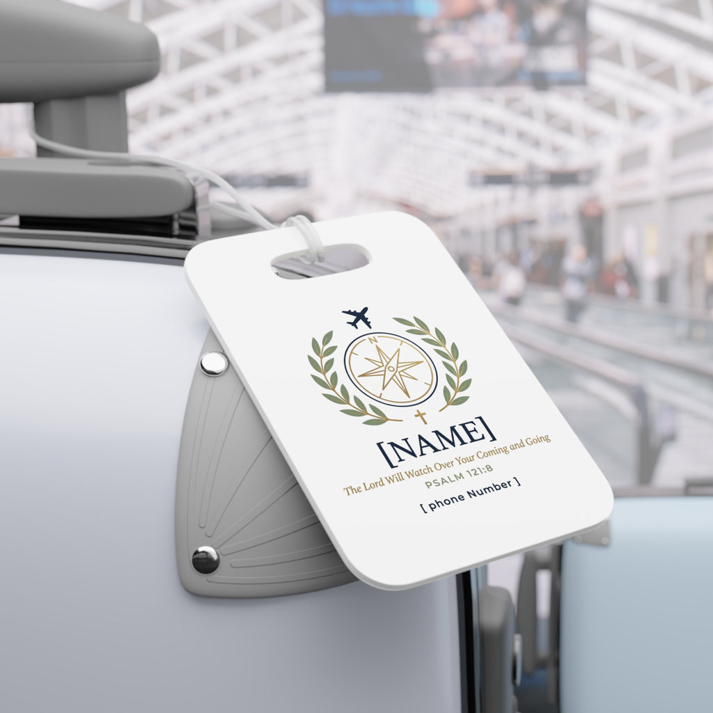 Personalized Travel Luggage Tag — Compass & Laurel Design with Psalm 121 Verse