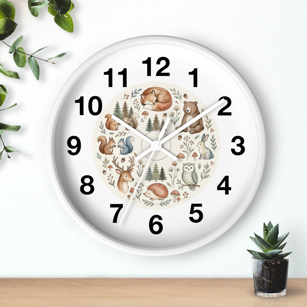 Woodland Animals Wall Clock — Cute Forest Nursery Clock with Fox, Deer, Owl & Squirrel