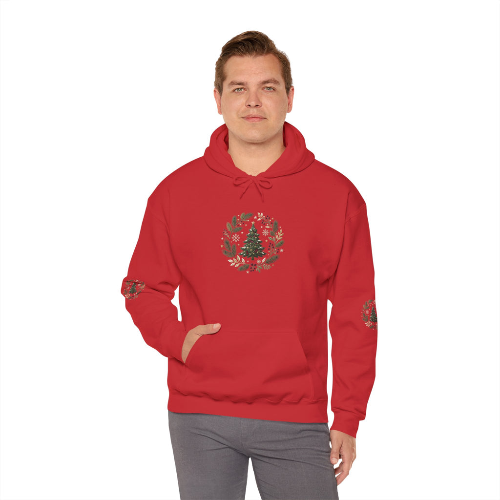 Christmas Tree Wreath Hoodie — Festive Botanical Sweatshirt, 50/50 Cotton-Poly, Unisex