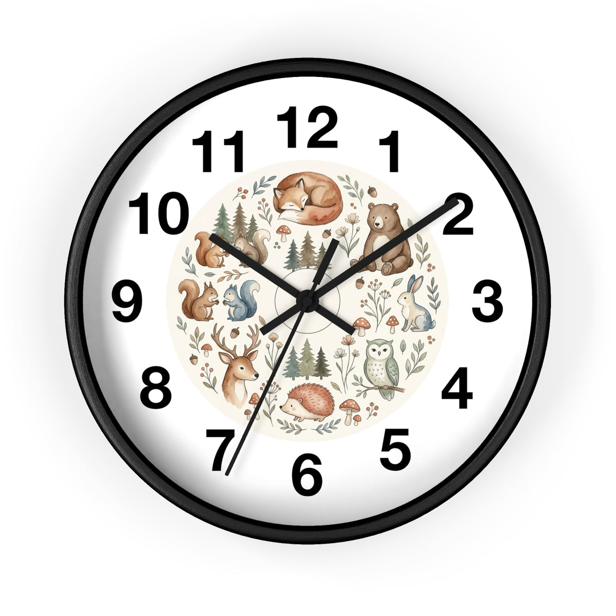Woodland Animals Wall Clock — Cute Forest Nursery Clock with Fox, Deer, Owl & Squirrel