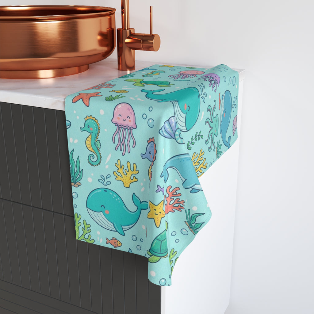 Cute Ocean Animals Hand Towel — Kids Sea Creature Print (Whale, Dolphin, Turtle, Jellyfish)