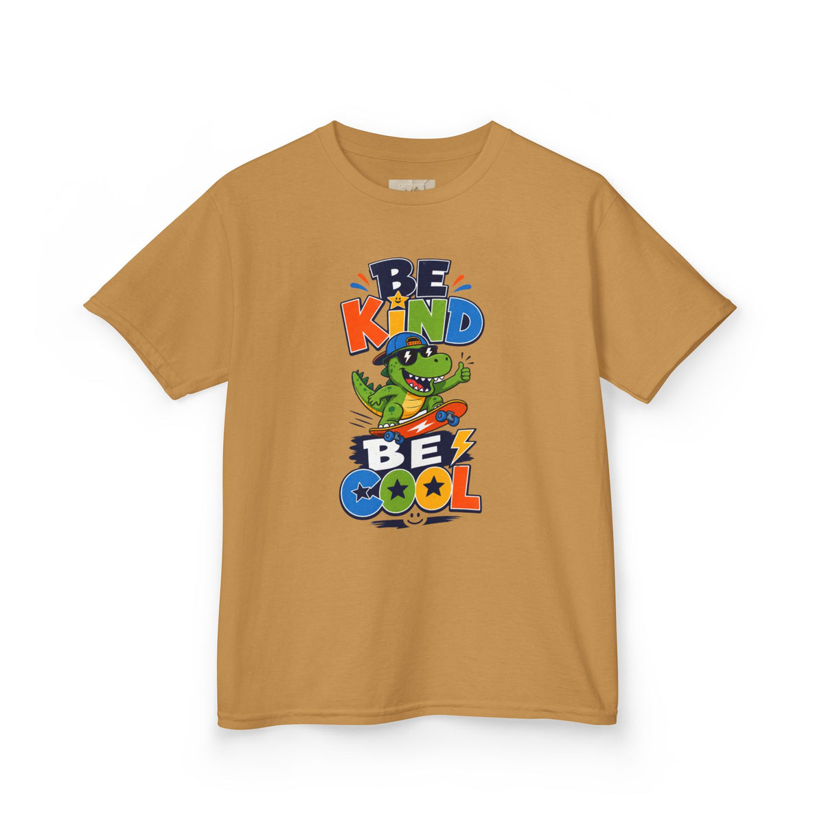 Kids Tee — "Be Kind, Be Cool" Dinosaur Graphic with "Shine Bright" Back