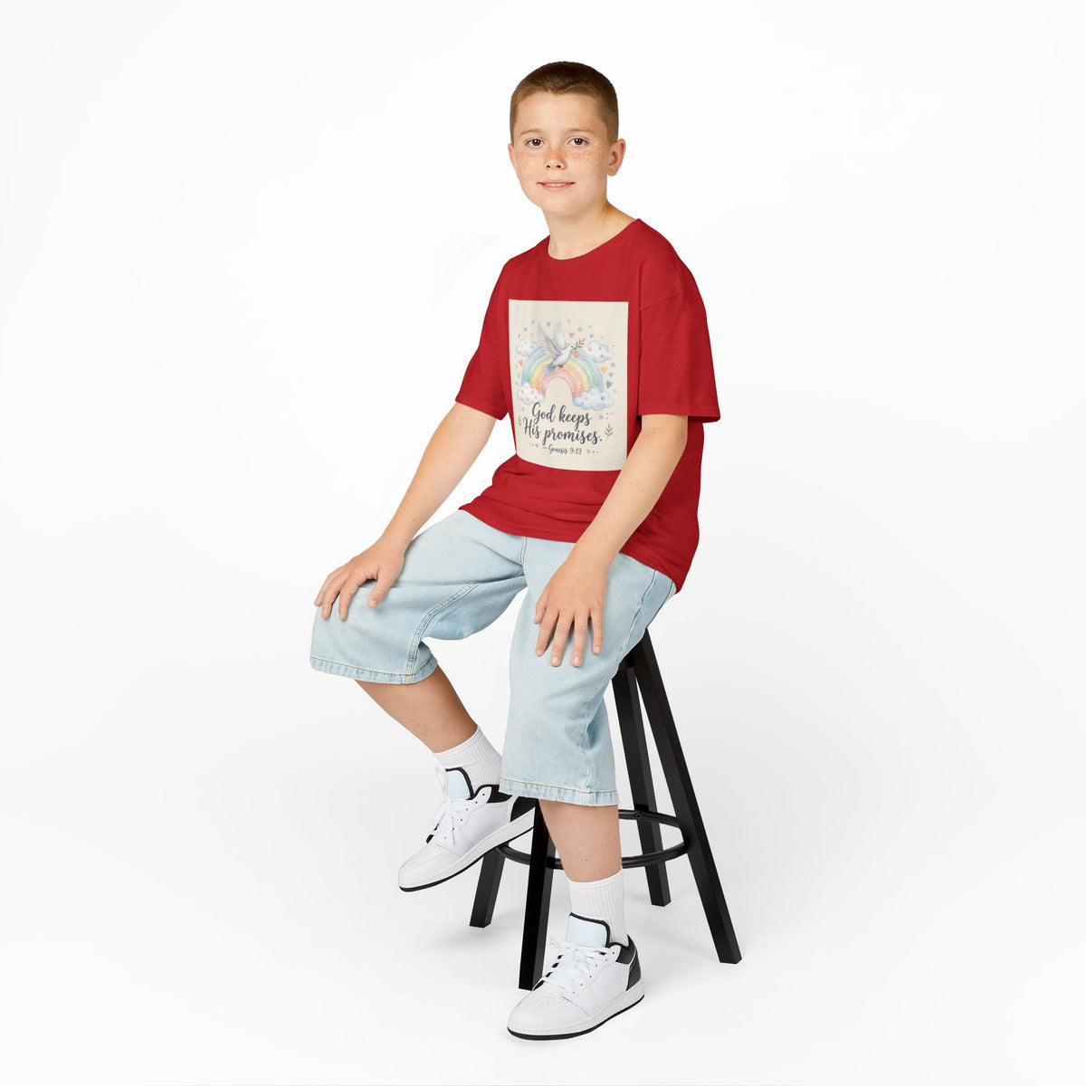 Christian Kids T-Shirt — "God Keeps His Promises" Rainbow Dove Tee | Psalm 145:13