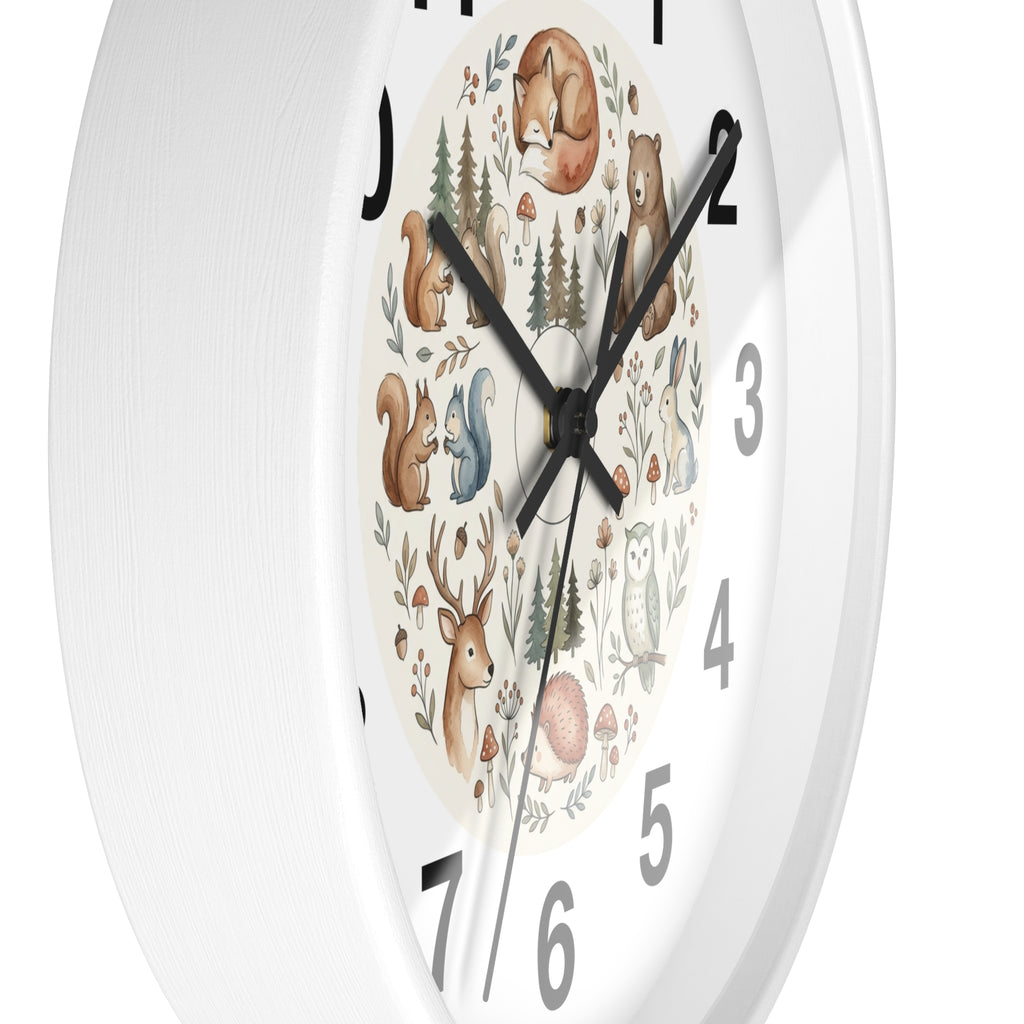 Woodland Animals Wall Clock — Cute Forest Nursery Clock with Fox, Deer, Owl & Squirrel
