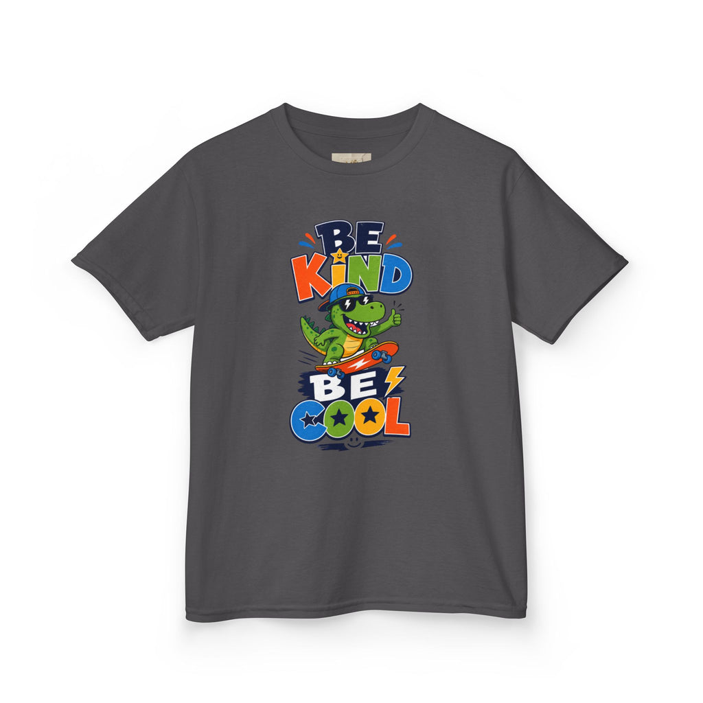 Kids Tee — "Be Kind, Be Cool" Dinosaur Graphic with "Shine Bright" Back