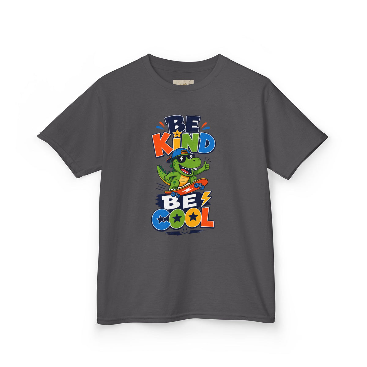 Kids Tee — "Be Kind, Be Cool" Dinosaur Graphic with "Shine Bright" Back