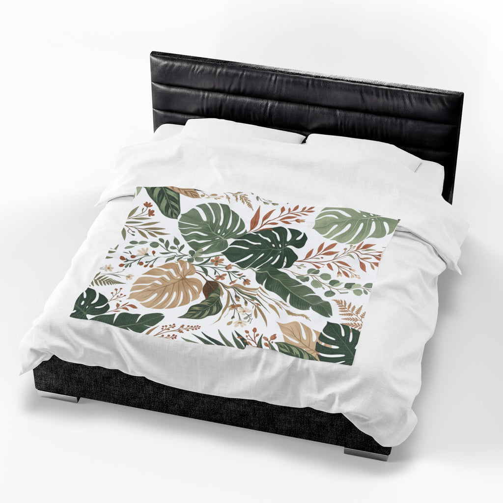 Botanical Monstera Velveteen Plush Blanket – Tropical Leaf Throw for Cozy Home Décor
