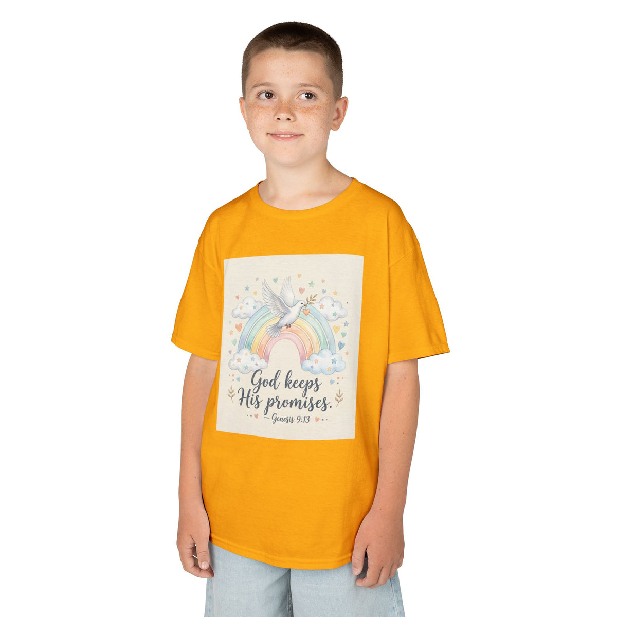 Christian Kids T-Shirt — "God Keeps His Promises" Rainbow Dove Tee | Psalm 145:13