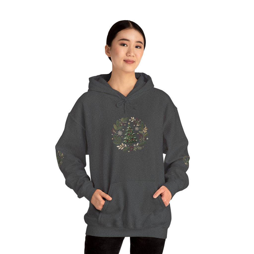 Christmas Tree Wreath Hoodie — Festive Botanical Sweatshirt, 50/50 Cotton-Poly, Unisex