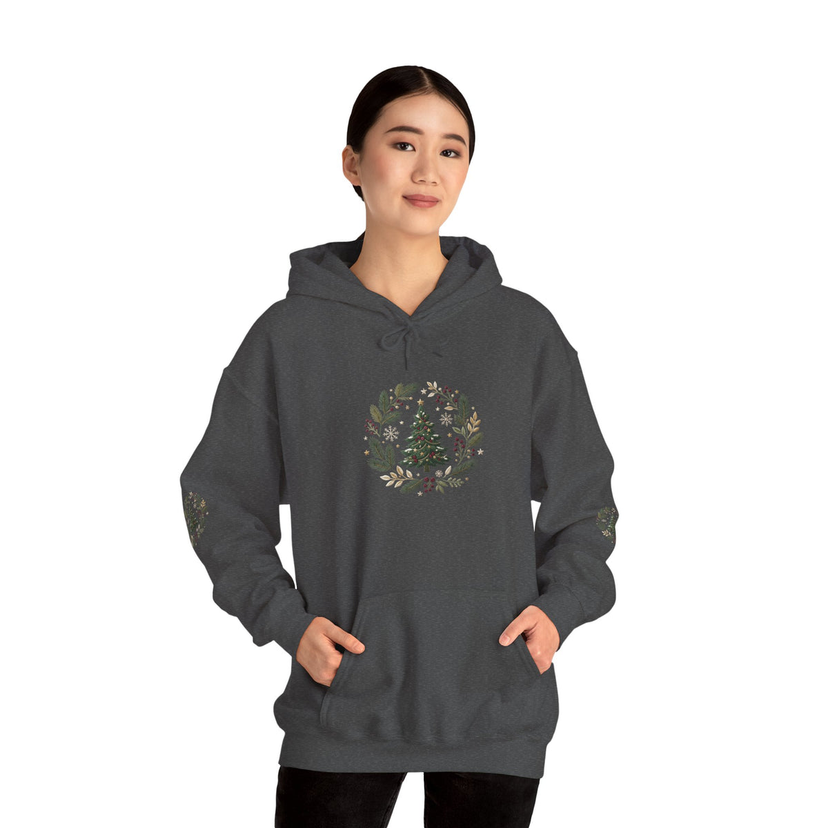 Christmas Tree Wreath Hoodie — Festive Botanical Sweatshirt, 50/50 Cotton-Poly, Unisex