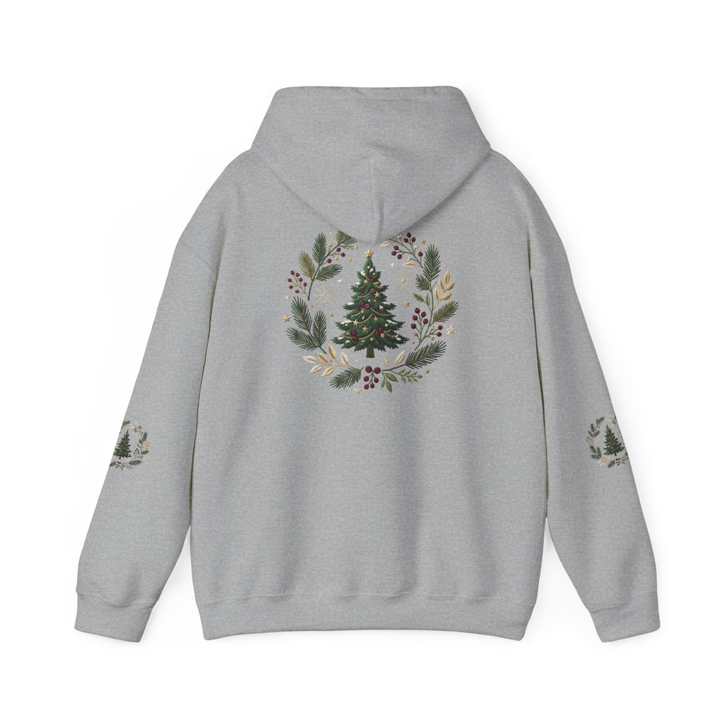 Christmas Tree Wreath Hoodie — Festive Botanical Sweatshirt, 50/50 Cotton-Poly, Unisex