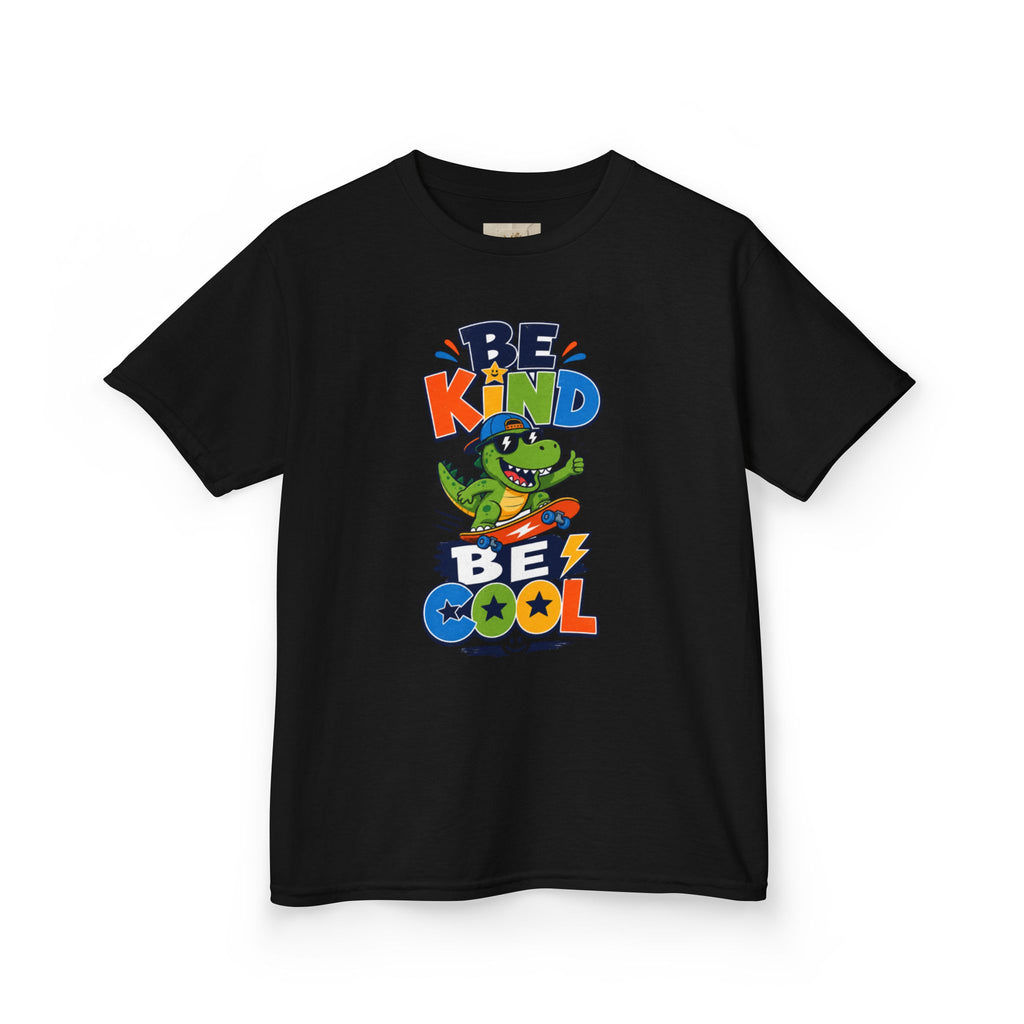 Kids Tee — "Be Kind, Be Cool" Dinosaur Graphic with "Shine Bright" Back
