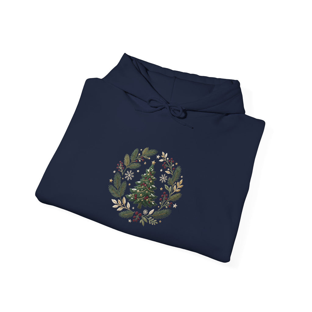 Christmas Tree Wreath Hoodie — Festive Botanical Sweatshirt, 50/50 Cotton-Poly, Unisex