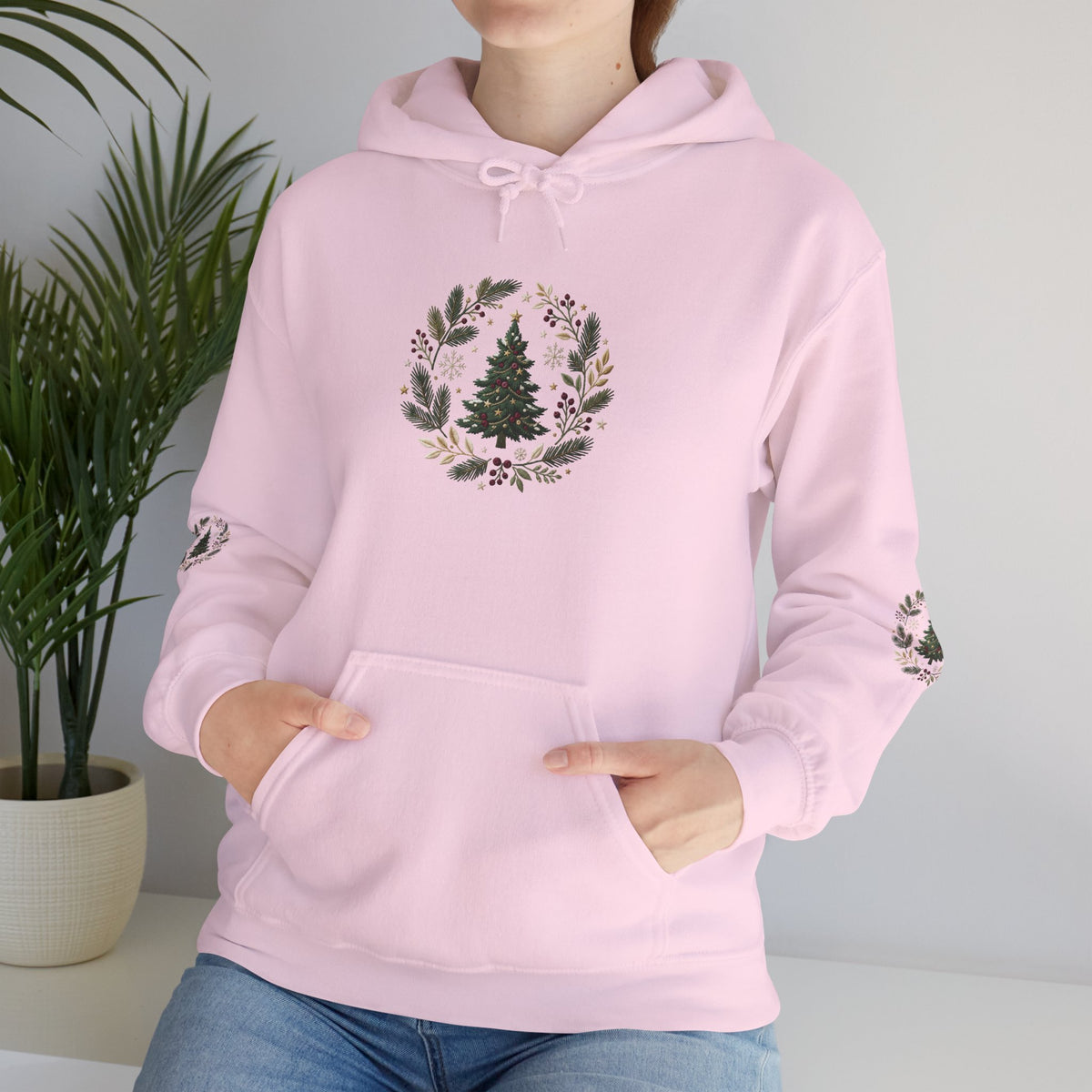 Christmas Tree Wreath Hoodie — Festive Botanical Sweatshirt, 50/50 Cotton-Poly, Unisex