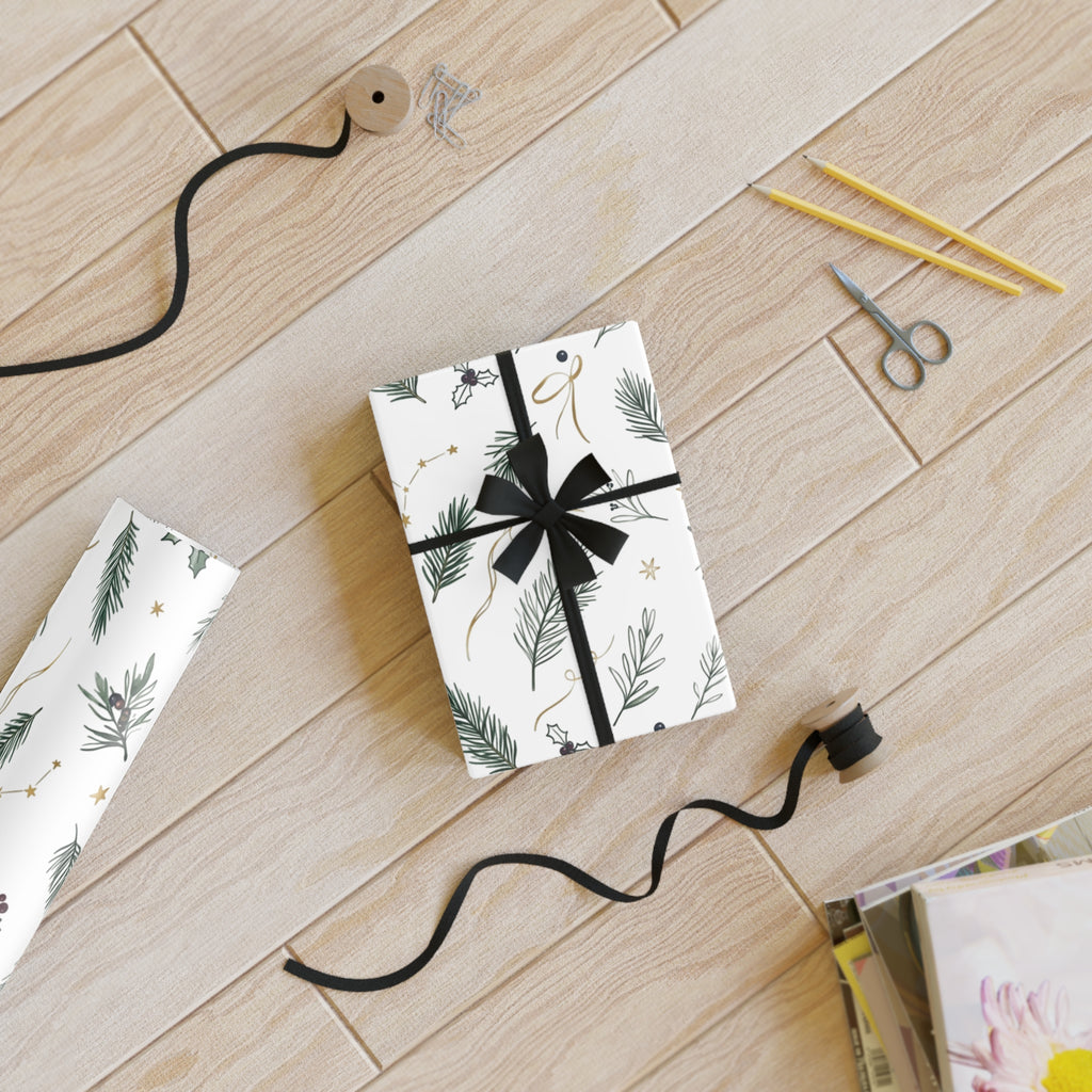 Christmas Wrapping Paper Roll — Pine Holly & Gold Botanical Gift Wrap, 95gsm Recyclable, 2 Sizes