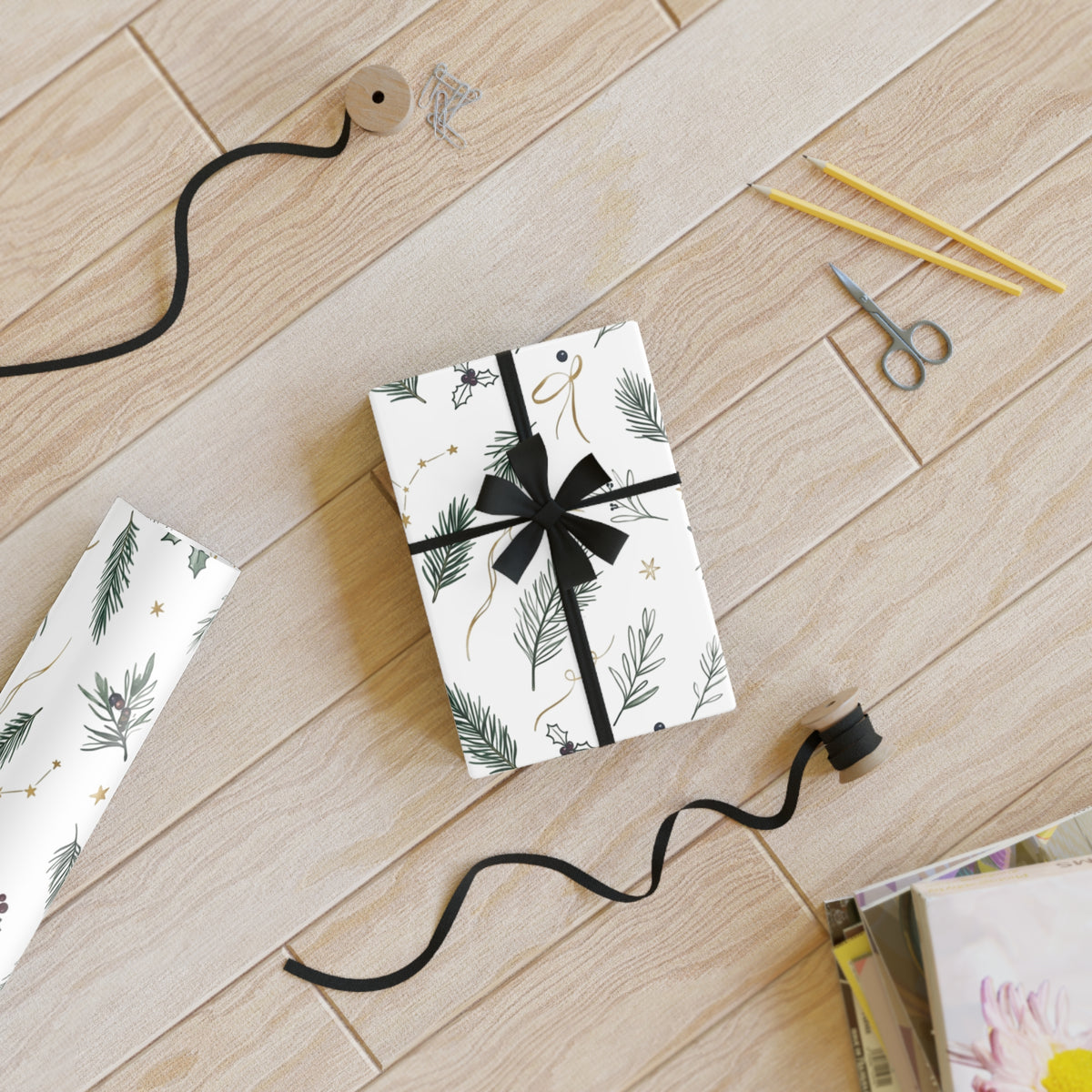 Christmas Wrapping Paper Roll — Pine Holly & Gold Botanical Gift Wrap, 95gsm Recyclable, 2 Sizes
