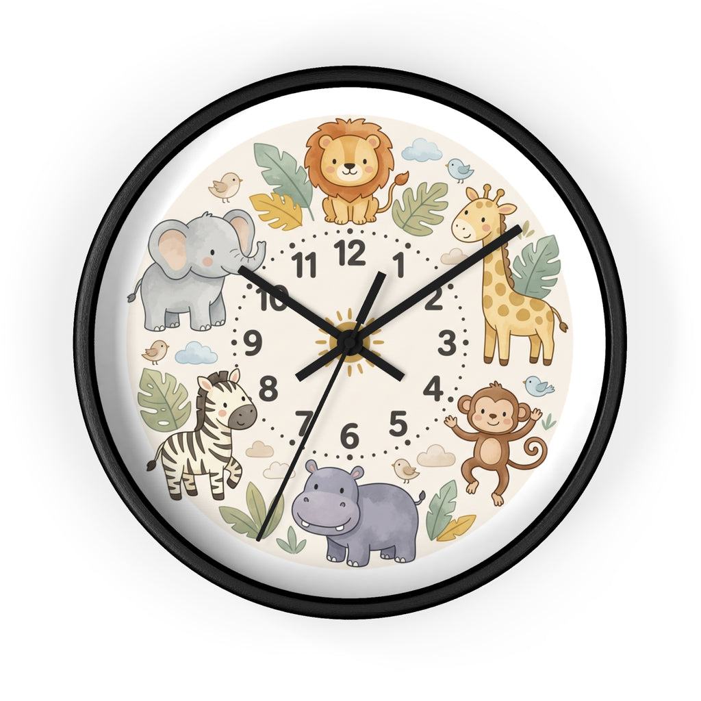 Safari Friends Nursery Wall Clock — Cute Jungle Animal Kids Clock