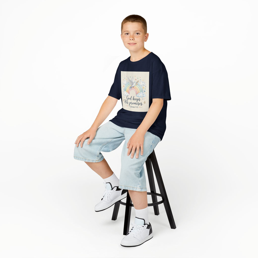 Christian Kids T-Shirt — "God Keeps His Promises" Rainbow Dove Tee | Psalm 145:13