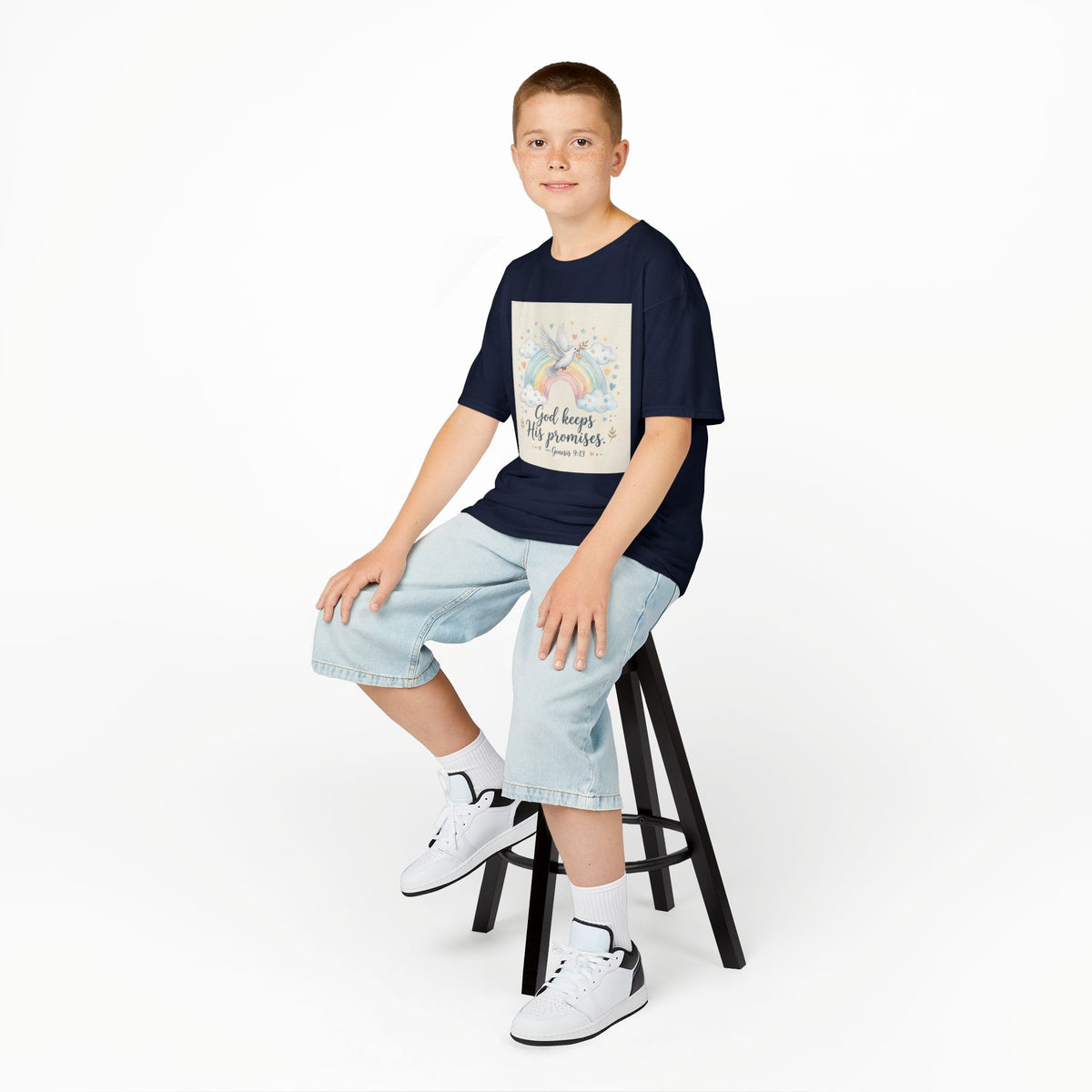 Christian Kids T-Shirt — "God Keeps His Promises" Rainbow Dove Tee | Psalm 145:13