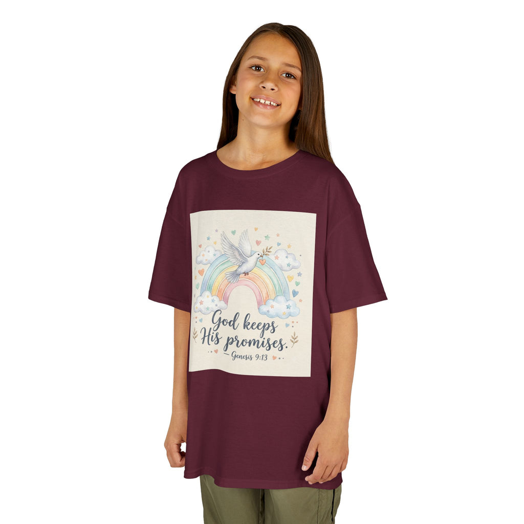 Christian Kids T-Shirt — "God Keeps His Promises" Rainbow Dove Tee | Psalm 145:13