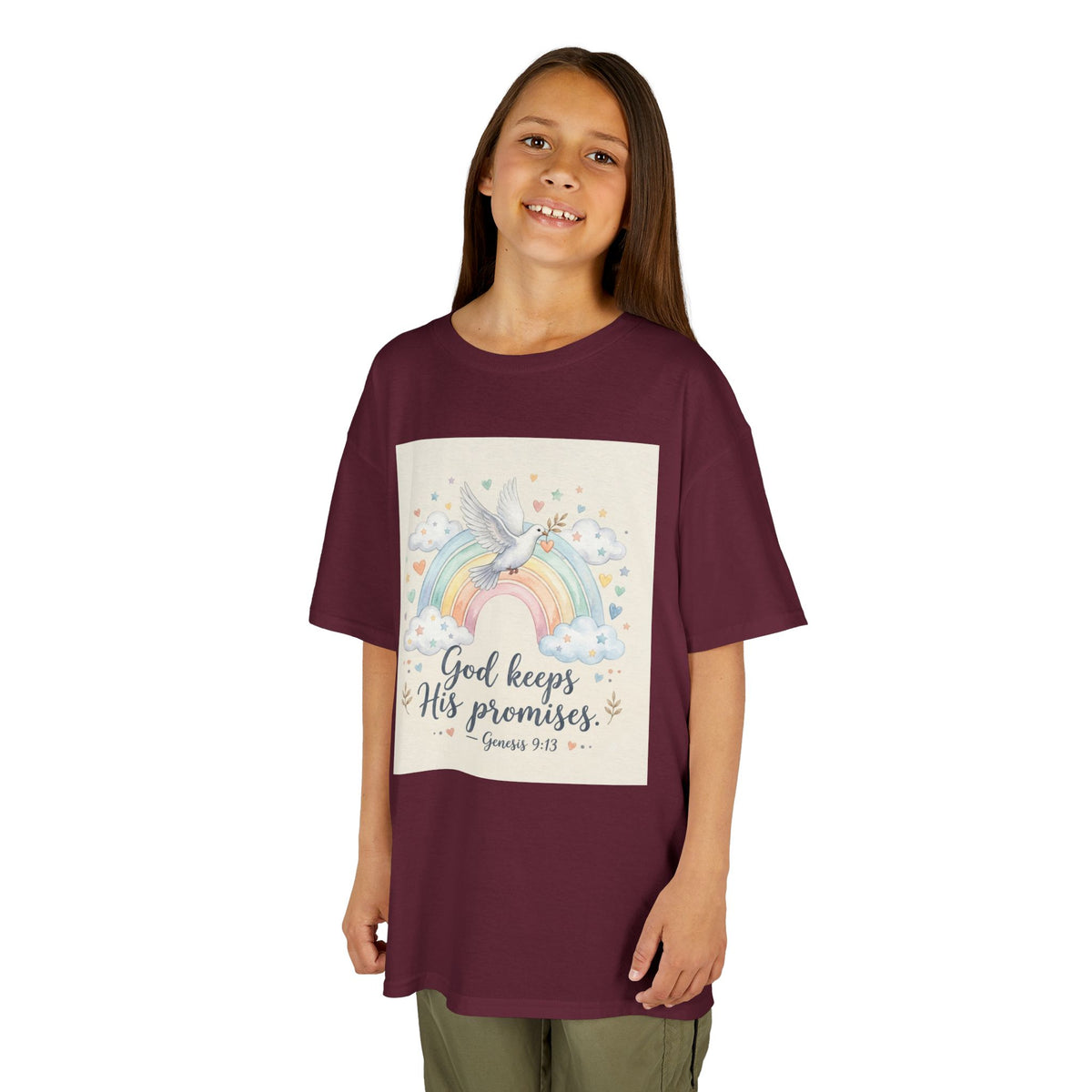 Christian Kids T-Shirt — "God Keeps His Promises" Rainbow Dove Tee | Psalm 145:13