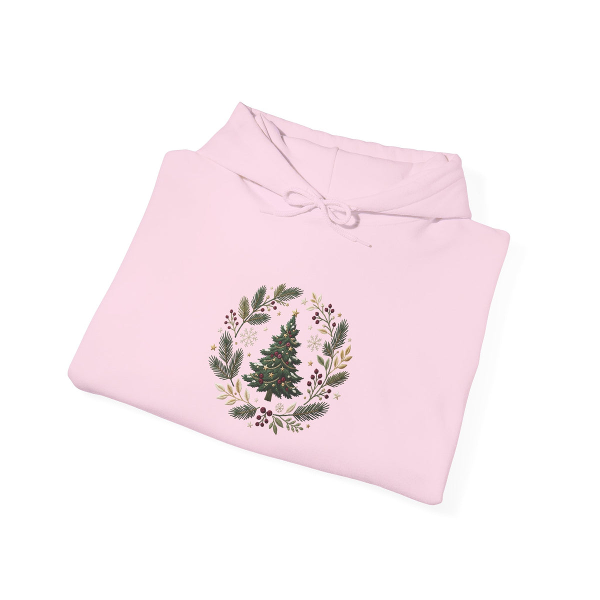 Christmas Tree Wreath Hoodie — Festive Botanical Sweatshirt, 50/50 Cotton-Poly, Unisex