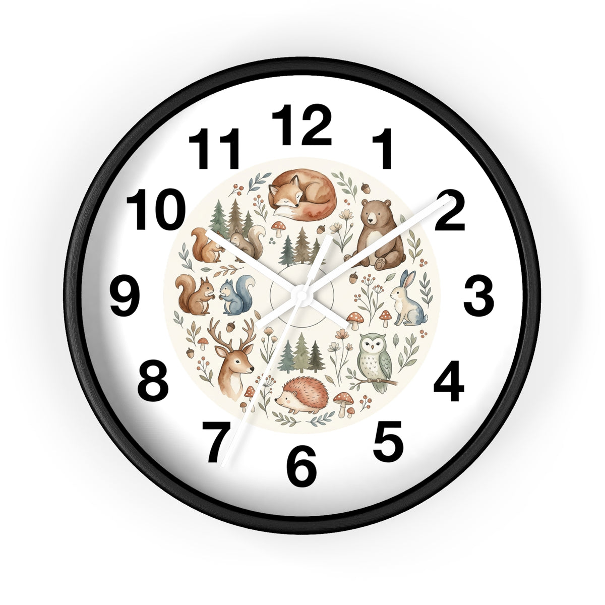 Woodland Animals Wall Clock — Cute Forest Nursery Clock with Fox, Deer, Owl & Squirrel