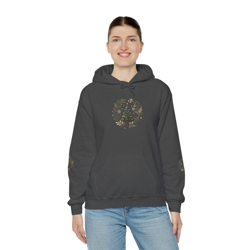 Christmas Tree Wreath Hoodie — Festive Botanical Sweatshirt, 50/50 Cotton-Poly, Unisex