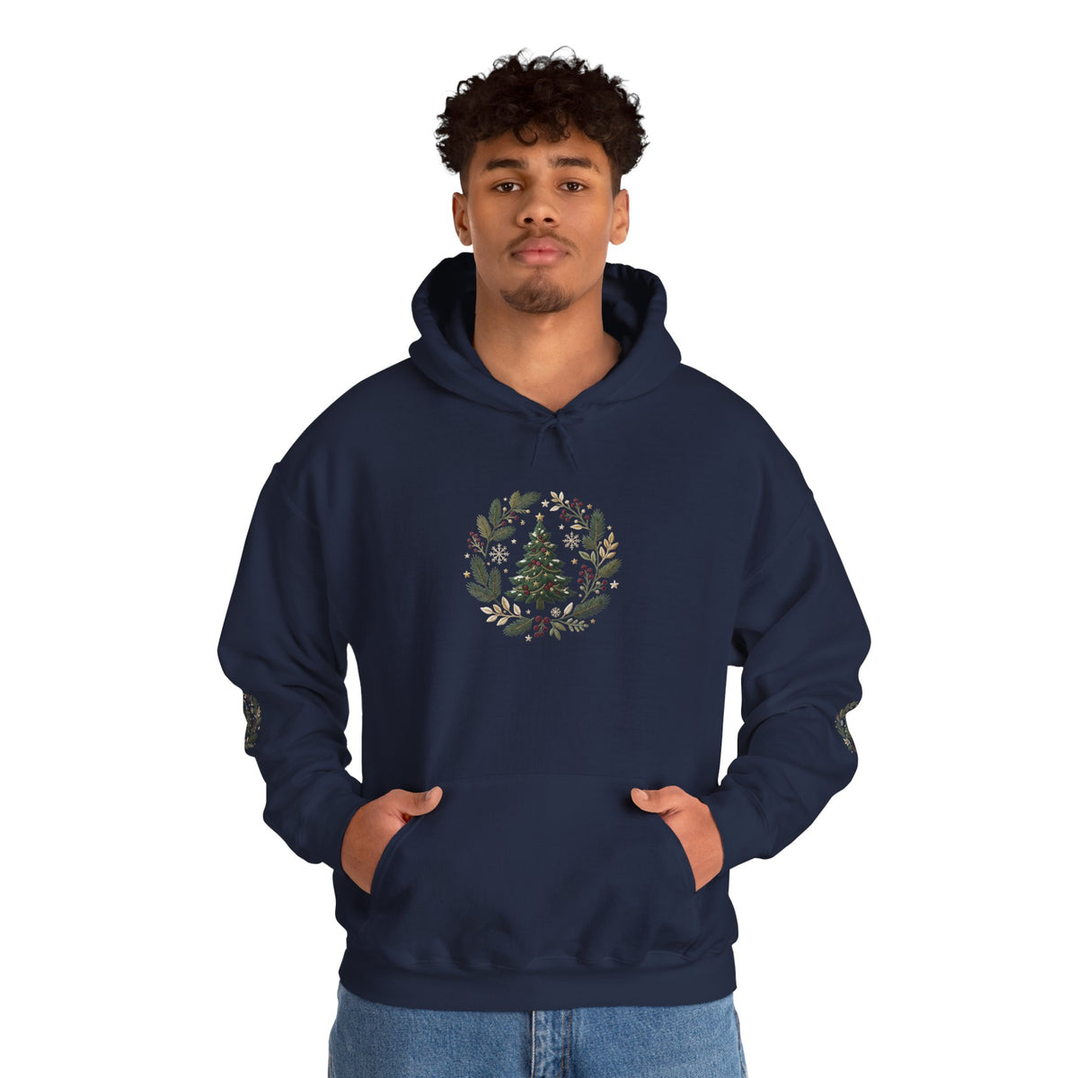 Christmas Tree Wreath Hoodie — Festive Botanical Sweatshirt, 50/50 Cotton-Poly, Unisex