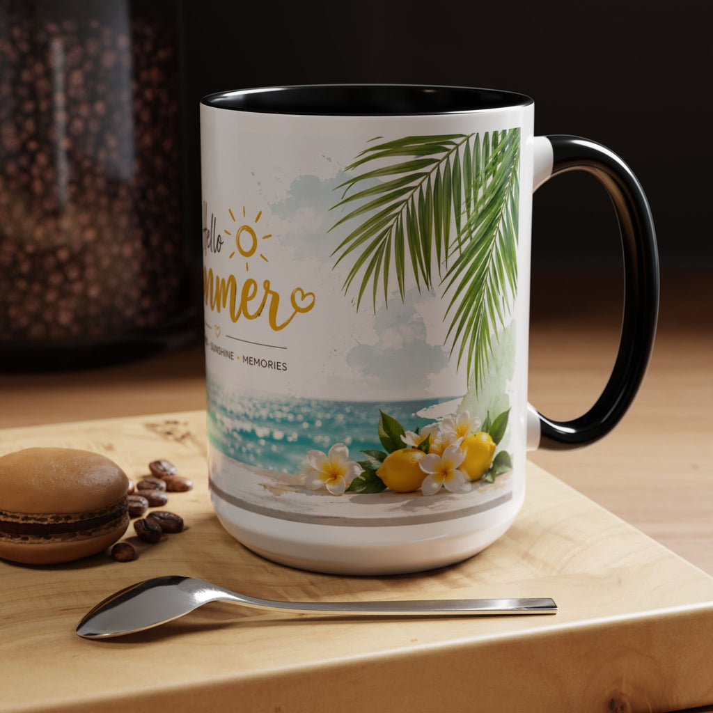 Hello Summer Accent Coffee Mug — Beach Vibes Lemon Palm Coastal Ceramic Mug (11/15oz)