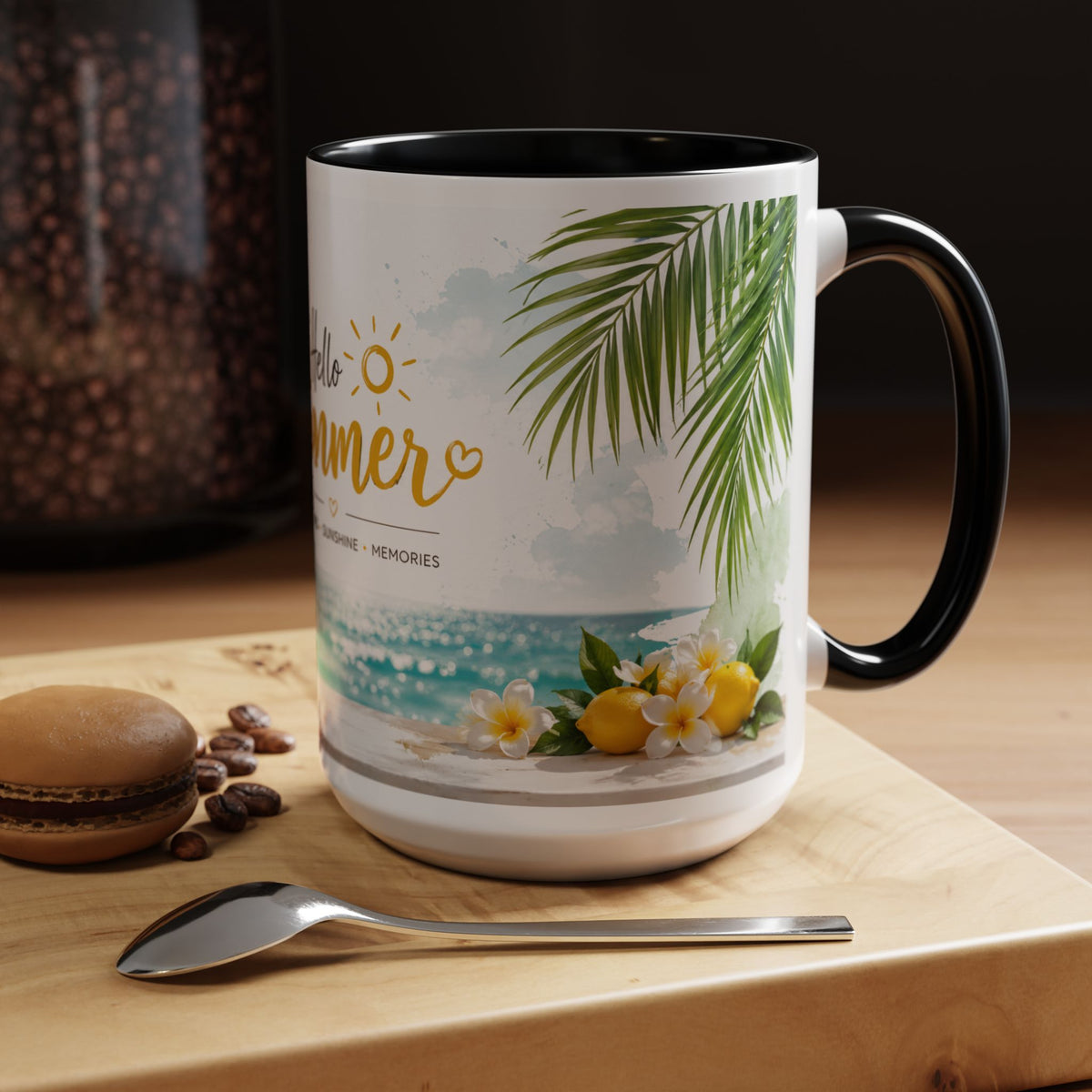 Hello Summer Accent Coffee Mug — Beach Vibes Lemon Palm Coastal Ceramic Mug (11/15oz)
