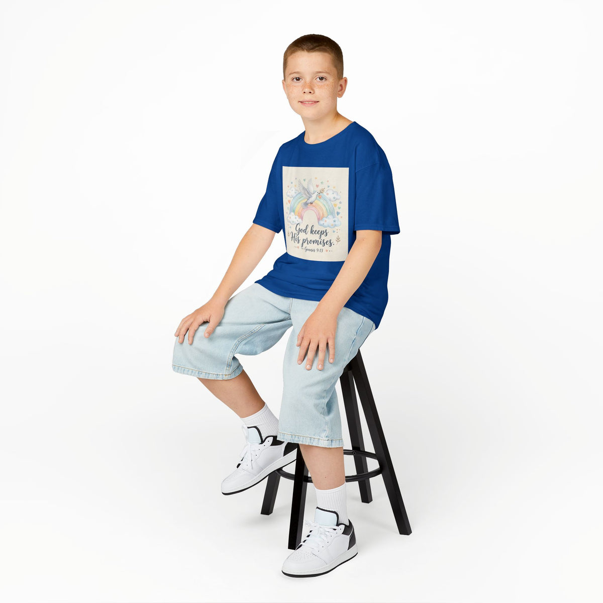 Christian Kids T-Shirt — "God Keeps His Promises" Rainbow Dove Tee | Psalm 145:13
