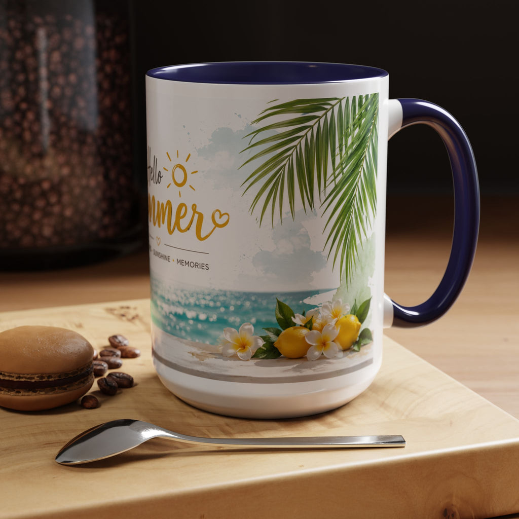 Hello Summer Accent Coffee Mug — Beach Vibes Lemon Palm Coastal Ceramic Mug (11/15oz)