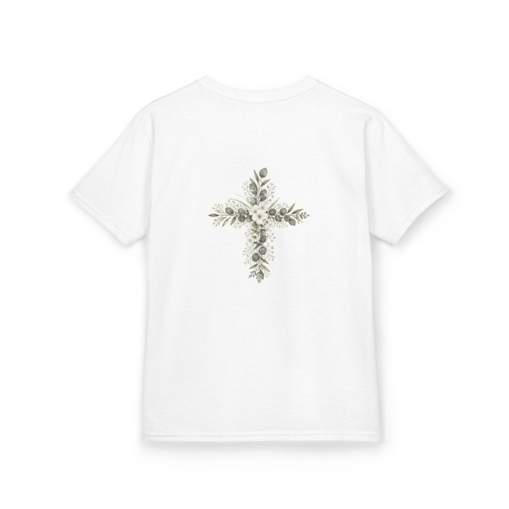 Kids Tee — Floral Cross “Faith” Christian Shirt for Children (Easter, Baptism, Church)