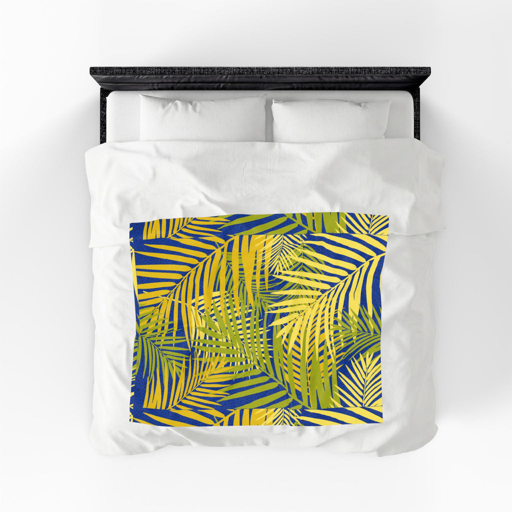 Tropical Palm Velveteen Plush Blanket — Blue & Yellow Leaf Throw