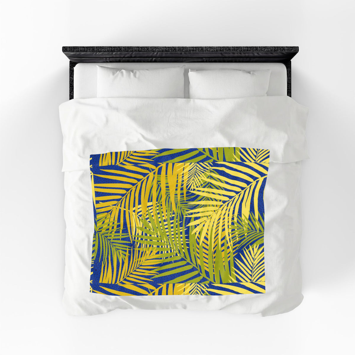 Tropical Palm Velveteen Plush Blanket — Blue & Yellow Leaf Throw